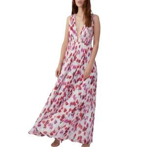 Fame & Partners x BHLDN Ava 6 / Sm Red White Poppy Floral Pleated Maxi Gown Prom